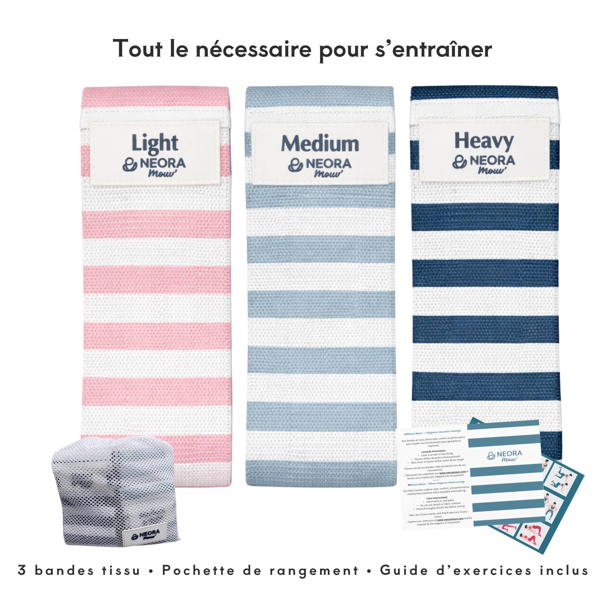 Set de 3 bandes de résistance Neora Mouv' avec filet de rangement et guide d'exercices inclus