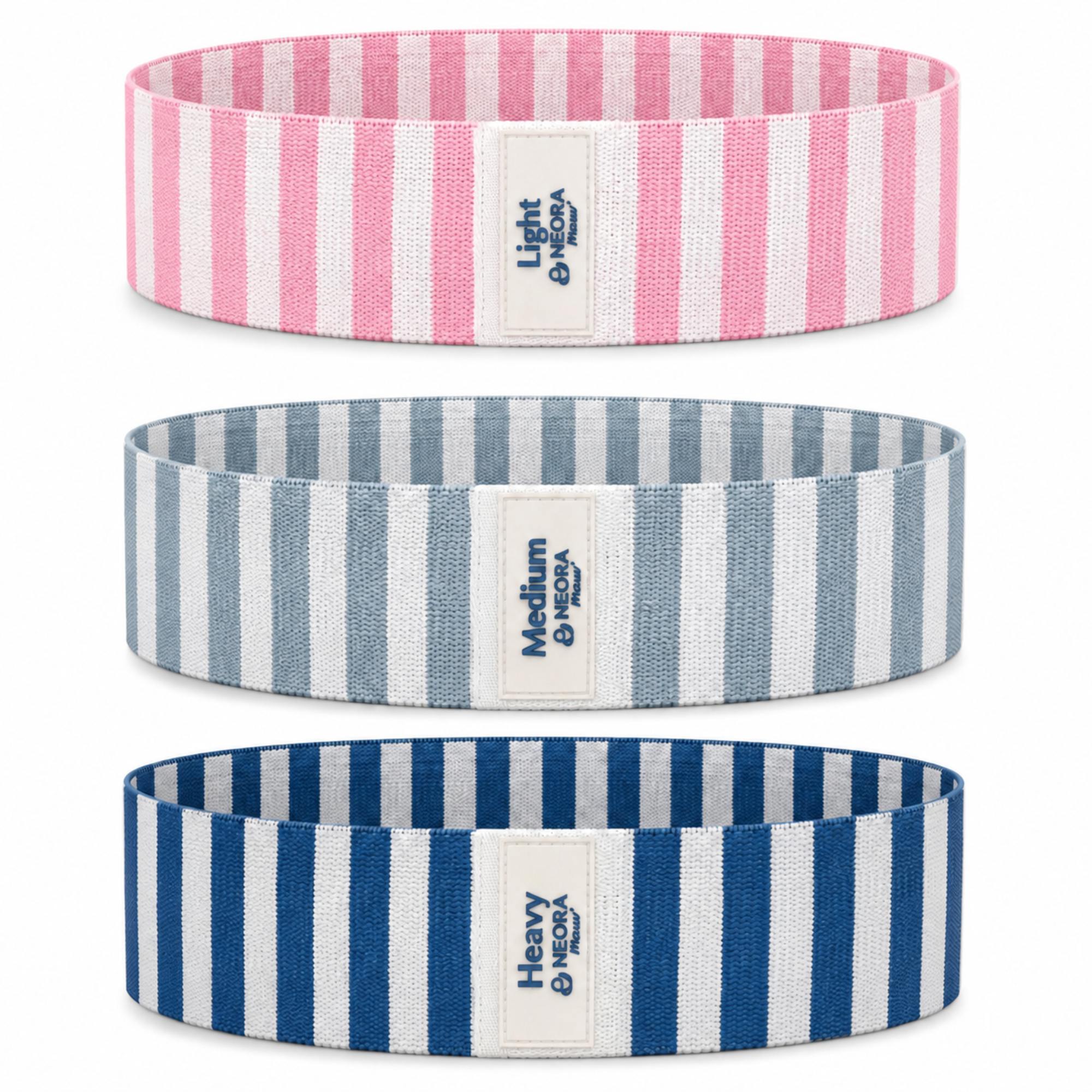 Set 3 bandes de resistance fitness large, marinieres rose, gris bleu et bleu petrole Neora Mouv